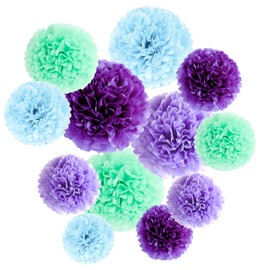 ZOOYOO Pack of 12 Pastel Purple Blue Green Hanging Tissue Paper Pompoms Party Decoration for Birthday, Wedding, Girls Party, Baby Shower, Mermaid Unicorn Party 4 Colours of 20 cm, 25 cm, 30 cm