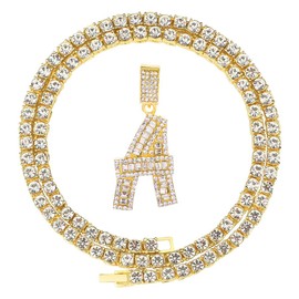 Bling Silver Gold Baguette Initial Letter Necklaces for Men Women Iced Out Diamond Pendant Tennis Chains Hip Hop A-Z 22 Inch (A-Gold, & Rope)