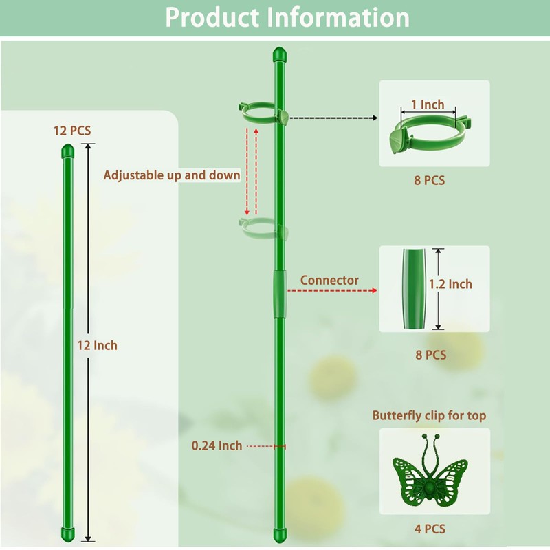 Extendable Plant Stakes 12 Inch, 12-Pack Heavy Duty Plant Support