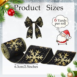 Xinnun Christmas Snowflake Wired Ribbon 2.5 Inches 2 Rolls Satin Glittered Snowflake Wired Edge Ribbon Christmas Ribbon for Tree Gift Wrapping Home Decorations Bow DIY Craft (Black,Gold,12 Yard)