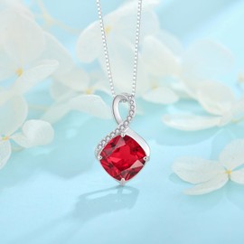 FJ Infinity Chain Women's 925 Sterling Silver Square Princess Cut Necklace Pendant Birthstone Jewellery Gifts for Women, Cubic Zirconia, Ruby