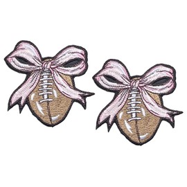 Football with Bow Patch, 3" x 3", Embroidered Iron-On for Hats, Bags, Jackets, 2 Pack
