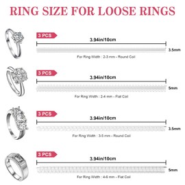 Ring Sizer for Loose Rings, 12 Pack 4 Sizes, Invisible Clear Silicone, Non-Slip Adjustable Ring Sizers, Ring Resizer and Tightener Guards, for Women and Men, Make Rings Smaller Without Resizing