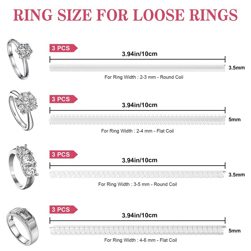 Ring Sizer for Loose Rings, 12 Pack 4 Sizes, Invisible