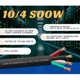 10/4 8 Feet 10 AWG SOOW SO Cable Cord Wire - 10 Gauge 4 Conductor 600V Portable Power Extension Cord Cable for, Motor Leads, Portable Lights, and Battery Chargers
