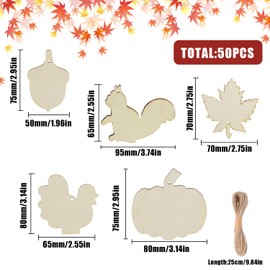 DBALL Pack of 50 Wooden Decoration Hangers Autumn Decoration Leaves Pumpkin Pine Cones Turkey Squirrel DIY Painted Thanksgiving Decoration Hanging with String for Tree Decoration Table Mantle