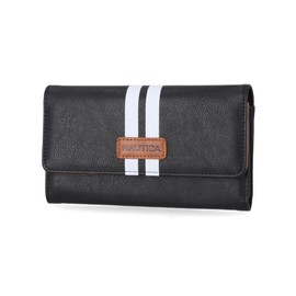 Nautica Money Manager RFID Slim Small Wallet for Women, Credit Card Holder with Coin Purse and Zipper Coin Pouch, Clutch Organizer in Black Racing Stripe