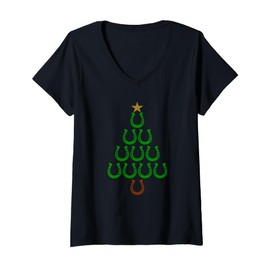 Womens Christmas Horseshoe Tree Horse Lovers Costume Christmas Tree V-Neck T-Shirt