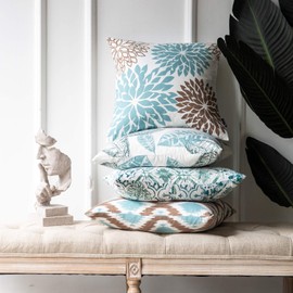 Phantoscope Set of 4 New Living Series Decorative Throw Pillow Case Cushion Cover, Blue and Coffee, 22 x 22 inches, 55 x 55 cm