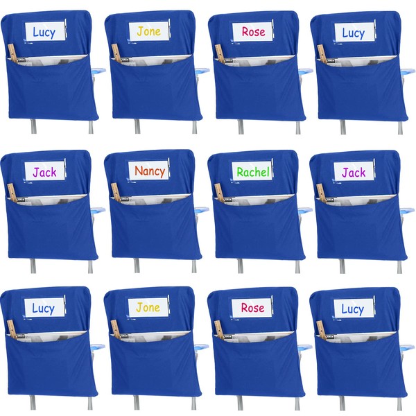 Maitys 12 Pcs Large 17 Inches Chairback Pocket Chart Student Chair Pockets Chair Back Classroom Organizer with Name Tag for Keeping Kids Student Book School Table Organized (Blue,Canvas)