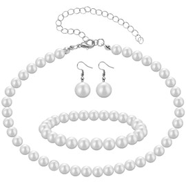 HekouJiub Pearl Jewellery Set Women's White Pearls Wedding Bridal Jewellery Faux Pearl Necklace Bracelet Earrings Jewellery Set Bridal Wedding Jewellery Bridesmaid Prom Fashion Jewellery for Women