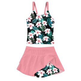 ALISISTER Girls' Swimsuit Size 8 Bathing Suit Hawaiian Two Piece Tankini Set Summer Beach Hibiscus Flower Swimwear with Shorts 9 Year Old