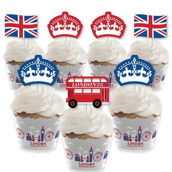 Big Dot of Happiness Cheerio, Londres, decoración para cupcakes, juego de 24 envoltorios para cupcakes y palillos para dulces