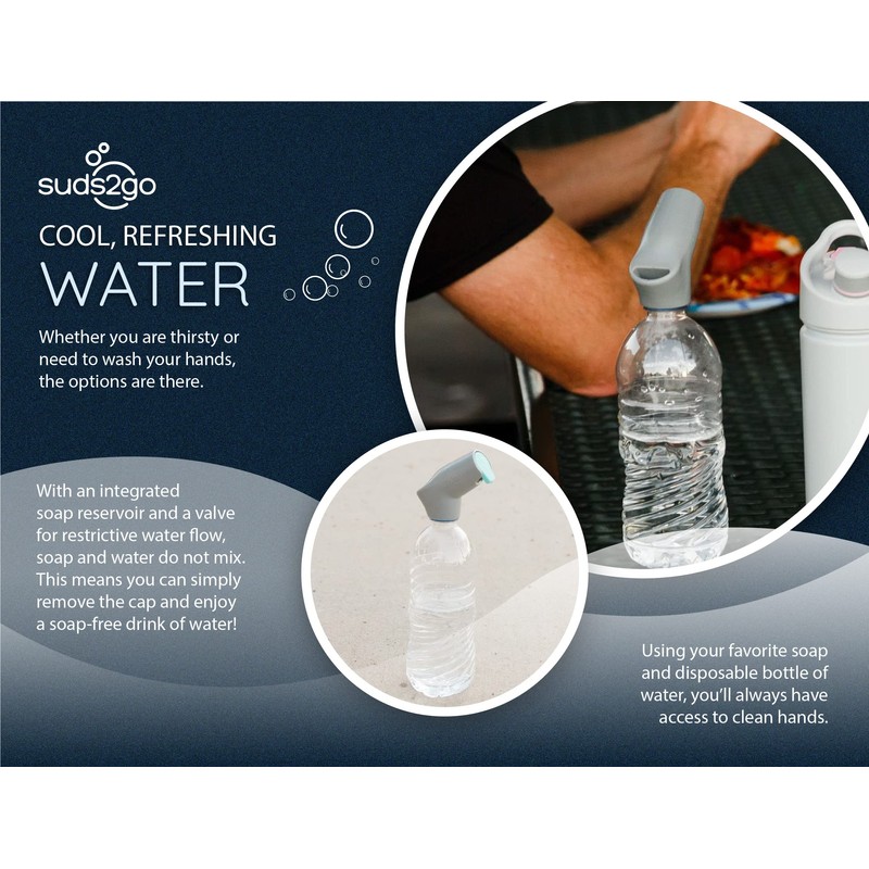 Suds2go Water Bottle Wash Refillable Caps 2-Pack, Portable Hand Washing