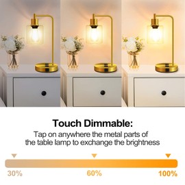Qimh Industrial Touch Control Table Lamp with 2 USB Ports and 2 AC Outlets, 3-Way Dimmable Bedside Nightstand Reading Lamps with Light Bulb, Glass Lampshade Desk Lamp for Bedroom, Offic(Gold)