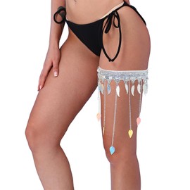 deladola Adjustable Leg Garter Rave Silver Leg Wraps Leaf Tassel Sequin Thigh Party Festival for Women(Silver Leaf)