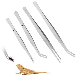 SLSON Reptile Feeding Tongs, 4-Pack Stainless Steel Straight and Curved Tweezers, Handling Tools for Bearded Dragon, Snake, Gecko, Lizards