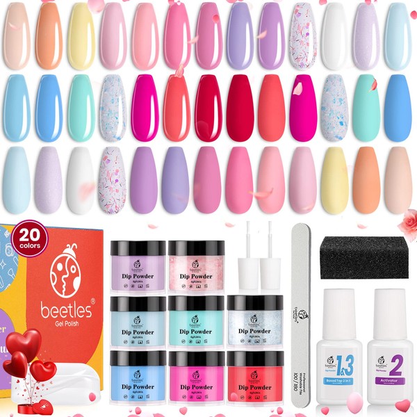 Beetles 20Pc Dip Powder Nail Kit Starter, Pastel Macaron Colors Collection Trendy Spring Summer Blue Pink Red Glitter Colors with 2 In 1 Base Top Coat Activator Dipping Powder Set, No Need LED Lamp