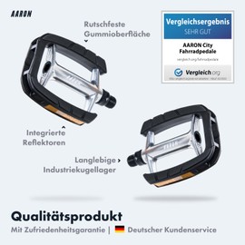 AARON Tour Bicycle Pedals with Reflectors and Polymer Bearings, Trekking and City Pedals Made of Aluminium for E-Bike, Trekking Bike in Black