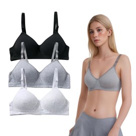 Hanlintk Girls Lightly Padded Non-Wired Cotton Training Bras 12-18 Years (DE/NL/SE/PL, Age, 32 Go, Black/Grey/White), White/Grey/Black, 38