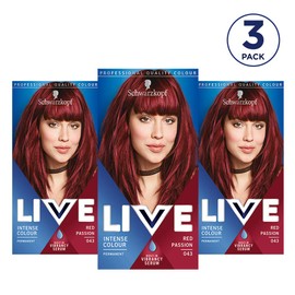Schwarzkopf Live Intense Colour Red Hair Dye, 3-Pack Permanent Colour with Vibrancy Serum, 043 Red Passion