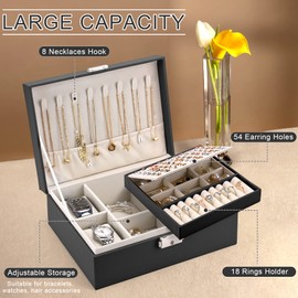 Pystuvo Jewellery Box for Women, 2-Layer Large Jewellery Organiser Box with 2 Watch Pillows, PU Leather, Travel Jewellery Organiser for Earrings Rings Necklaces Watches Bracelets,Black