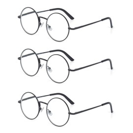 EYE ZOOM 3 Pack Round Metal Frame Blue Light Blocking Reading Glasses (Black, +1.75)