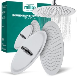 Millto™ Round Stainless Steel Shower Head Rain Shower 30 cm Rain Shower Head Large 12 Inch Shower Head Shower Fittings Anti-limescale Shower Head Chrome Ultra Thin Water-Saving Shower Fitting