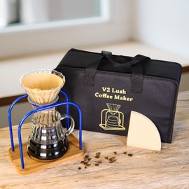 SOTECH Pour Over Coffee Stand Coffee Maker Espresso with Glass Coffee Pot Wooden Base Manual Brewing for home Outdoor Travel Set (Blue 0.6L)