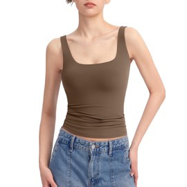 PUMIEY Tank Top for Women Square Neck Sleeveless Basic Workout Tank Tops, Mocha X-Large