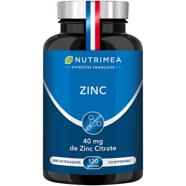 ZINC Citrate – 100% Pure Formula – High Absorption – Helps fight against acne – Provides 40 mg of Zinc Citrate including 12.5 mg of Zinc Element (Zn) – 120 Vegan Capsules – Nutrimea – Made in France