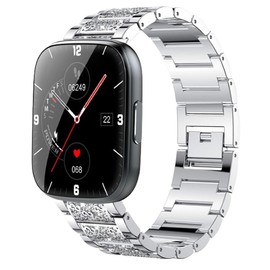 Compatible with Puqo Smartwatch, Lamshaw 22mm Quick Release Jewelry Bling Diamond Metal Dressy Strap Adjustable Replacement Strap Accessories Sports Band Compatible for Puqo Smart Watch T80/Matast Smart Watch T60/DUSONLAP MT65/Aycy P114 (Silver)