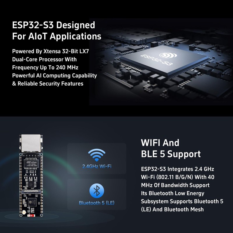 KLAYERS ESP32-S3R8 Ethernet Development Board with Wi-Fi, Bluetooth, PoE Power,