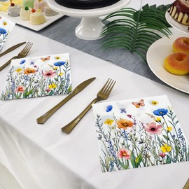 50 Pack Wildflower Floral Cocktail Napkins Disposable Floral Napkins Butterfly Decorative Paper Flower Napkins for Wedding,Bridal,Baby Shower,Tea Garden Party, Wildflower Birthday Party Decor (50)