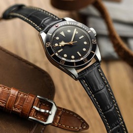 WatchGecko Carolina Gator Print Genuine Leather Watch Strap [Black, 22mm]