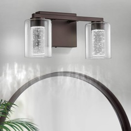 SineRise 2-Light Bronze Vanity Light with 3 Color Modes (3000K/4000K/6000K), Eye Protection LED Bathroom Light Fixture, Dimmable Modern Wall Light Over Mirror with Clear Glass Shade