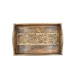 STORE INDYA Rustic Large Wooden Serving Tray Platter for Tea Snack Dessert with Handle Hand Carved Floral Design. Kitchen Dining Serve-Ware Accessories 14 x 10 Inches