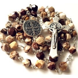 elegantmedical Natural Agate Beads Saint St. Benedict Rosary Cross Catholic Necklace Gift Box