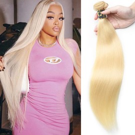 QTHAIR Beauty Human Hair Blonde Bundles 12A Grade 100% Brazilian Human Hair Color #613 Platinum Blonde Straight 14" Light Blonde Color Bundles 613 Color Body Weave Human hair Extensions 100g/Bundle