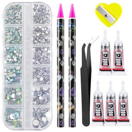 Rhinestones 1500PCS in 6 Sizes Flat Back Nail Gems, Crystal AB Art with Pick Up Tweezers and Rhinestone Picker Dotting Pen, for Nails, Makeup, Craft by Canvalite, Clear 01