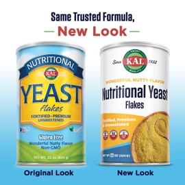 KAL Nutritional Yeast Flakes, Fortified with B12, Folic Acid & Other B Vitamins, Unsweetened, Great Nutty Flavor, Vegan & Gluten Free, 60-Day Money Back Guarantee, Made in the USA, 62 Servings, 22oz