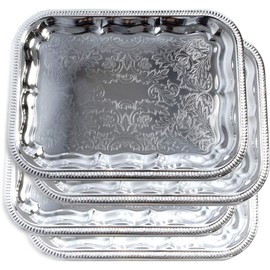 MARO MEGASTORE (Pack of 4 16.1-Inch x 12.2-Inch Oblong Rectangular Trim Victoria Floral Engraved Catering Chrome Plated Serving Plate Mirror Food Candle Deco Art Tray Platter Party(Medium) T227-4pk