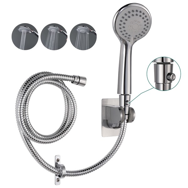 GOOLIFEE Handheld RV Shower Head with Hose and Shut Off Valve for Outdoor Camper,Travel Trailer,Motorhome 3 Mode High Pressure Showerhead Set Replacement with Adhesive Bracket,Hose Guide Ring,Chrome
