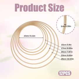 12 Pack 6 Sizes Wooden Floral Hoops, Wooden Wreath Ring, Wooden Hoops for Crafts, Wreath Macrame Craft Hoop Rings for Making Wedding Wreath Decor, Wall Hanging Craft (5, 6, 7, 8, 9, 10 Inch)