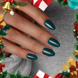 KQueenest Dark Green Press On Nails Short Oval - Christmas Press On Nails with Glue, Almond Short Fake Nails Press ons, Glossy Opaque Forest Green, Reusable Soft Gel Glue on Nails for Women, 24 Pcs
