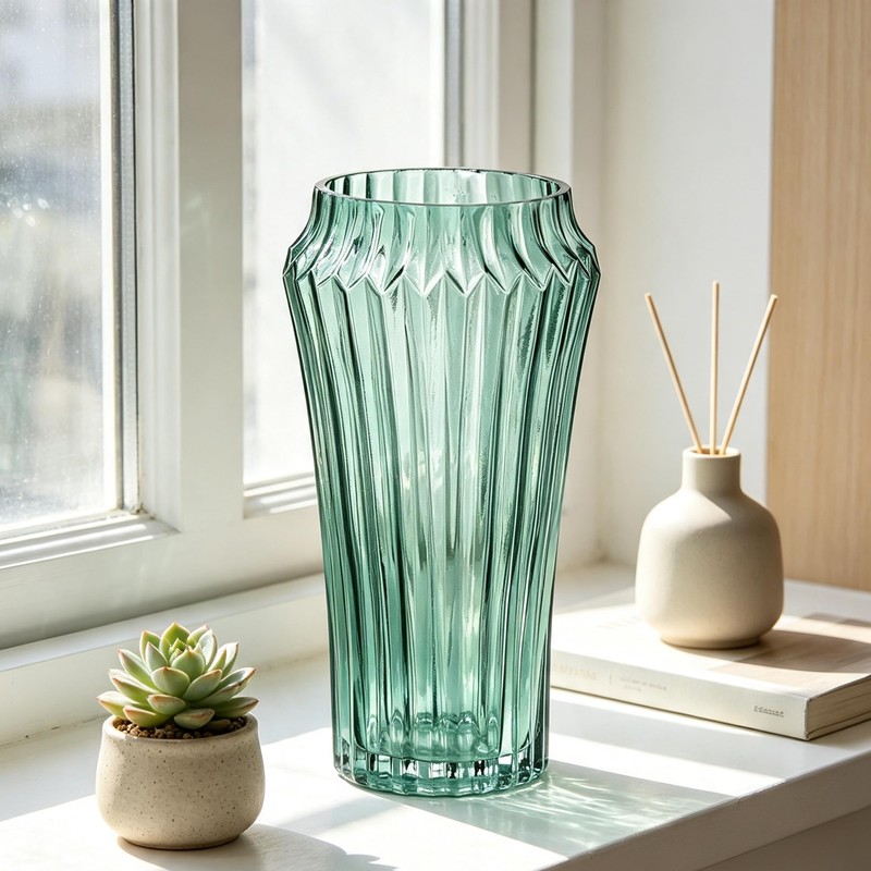 10 inch Green Glass Flower Vase for Pampas Grass, Medium