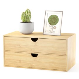 Bamboo Desk Organizer with Drawers - Small Desktop Storage Container for Countertop & Tabletop - No Assembly Required