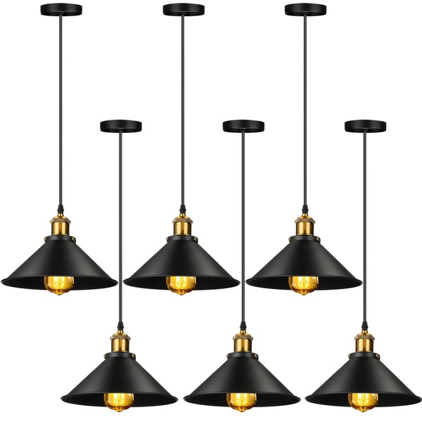 Retisee 6 Pieces Industrial Pendant Lights E26 E27 Base Black Farmhouse Lampshade for Hanging Light Vintage Metal Shade Light Fixtures Barn Hanging Lighting for Kitchen Dining Room Home Bar Foyer