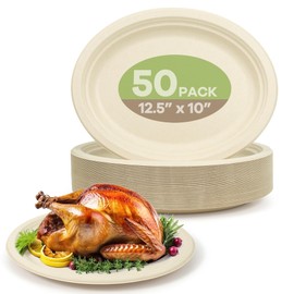 FEHHTO 100% Compostable Oval Paper Plates, 12.5Inch 50Pack Disposable Heavy Duty Bagasse Platters Eco-Friendly Biodegradable Sugarcane Plates for BBQ, Party, Picnic - Natural Brown