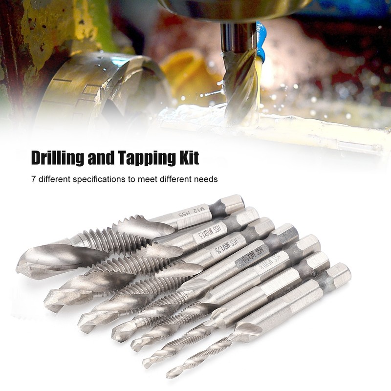 7Pcs Tap Set 1/4 Hex Shank Metric Drilling and Tapping